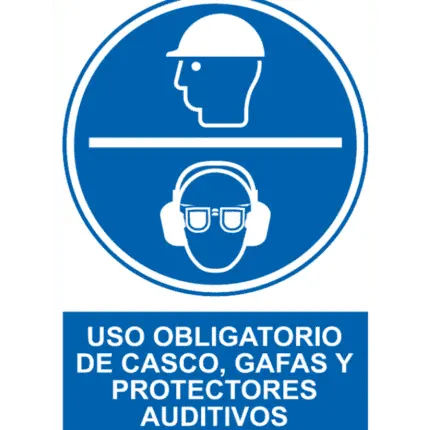 Señal / Cartel de Obligatorio casco gafas protectores auditivos